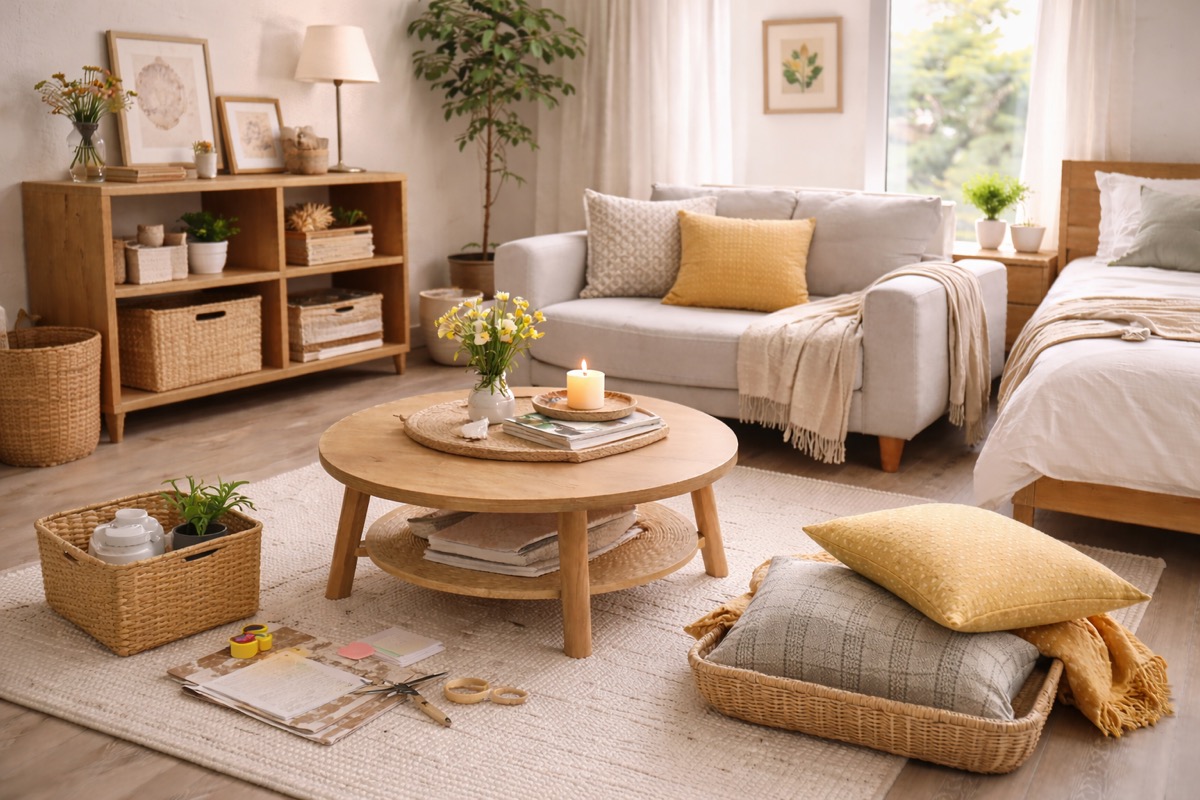 低予算でできるプチ模様替えをイメージした、生活感を残しつつ配置や小物で印象を整えた一人暮らしの室内