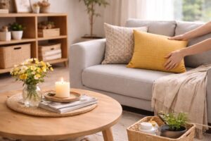 低予算でできるプチ模様替えをイメージした、家具の配置や小物を少し変えたナチュラルな一人暮らしの部屋の一角