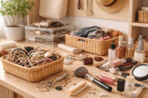 小物が机の上に散らばり、まとまりがなくごちゃついて見える収納の一部分