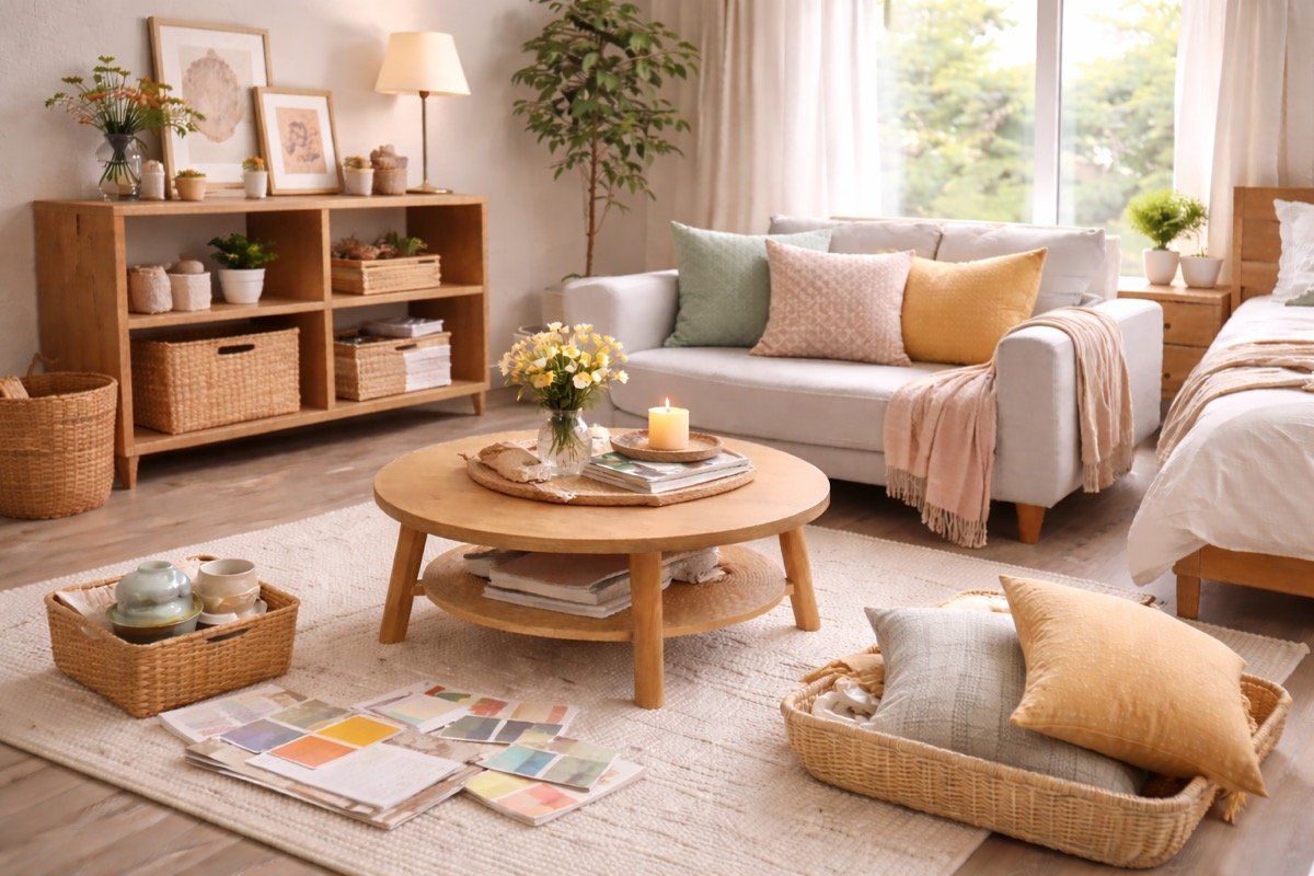 一人暮らしの部屋を色使いでおしゃれに整えるアイデアをイメージした、配色に統一感のあるナチュラルな室内