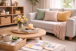 色使いの違いで部屋の印象が変わる様子がわかる一人暮らしの室内インテリア