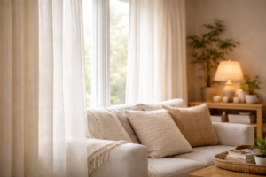 カーテンが背景となり部屋全体の印象を左右する、自然光がやさしく広がるリビングの一角