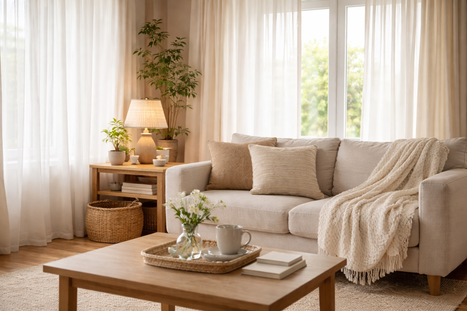 カーテンの色と素材で印象が整った、自然光が心地よく入るナチュラルなリビング空間