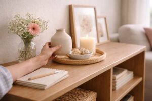 雑貨をどう飾るか迷いながら、小物を手に取って配置を考えているナチュラルな室内の一角