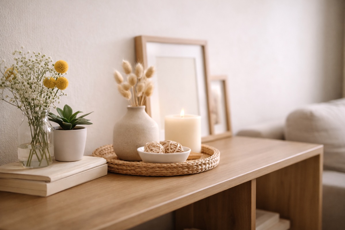 初心者でも取り入れやすい雑貨を、棚の上にバランスよく飾ったナチュラルなインテリア空間