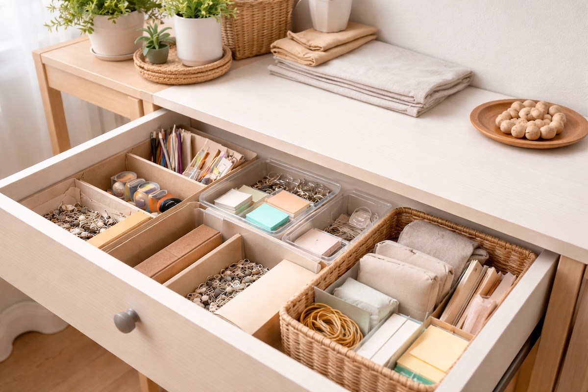 身近なアイテムで仕切られた引き出し収納が整っているナチュラルな室内の様子