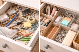 仕切りがなく散らかった引き出しと、仕切りを使って整えた引き出しを比較した収納の様子