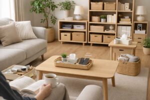 リビング収納の基本ポイントを意識した、動線と定位置が整った落ち着いたリビング空間