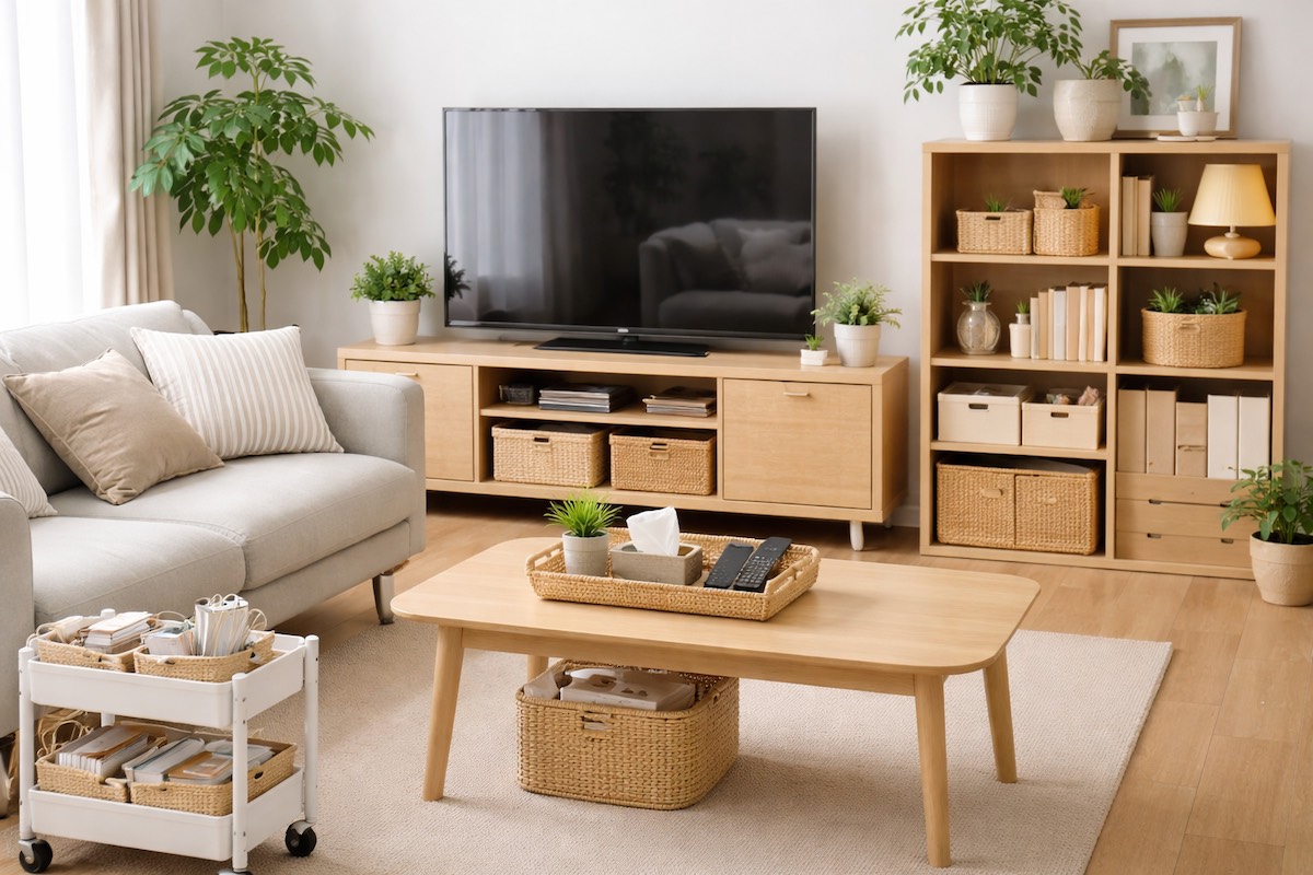 使いやすいリビングまわり収納を意識した、家具と小物が整ったナチュラルなリビング空間