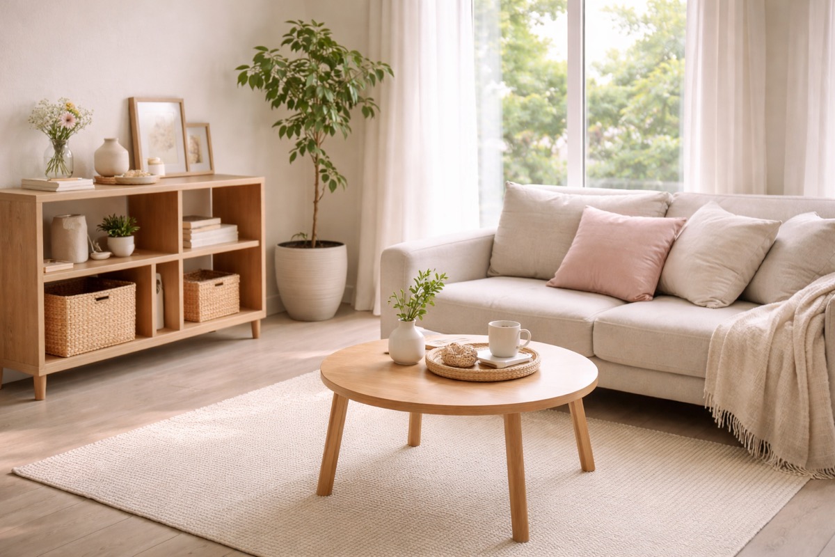 物を置きすぎず、余白を活かしてすっきり整えた一人暮らしのナチュラルな室内空間