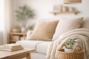 ナチュラルテイストの心地よさを感じる、自然素材とやわらかな色合いのリビング一角