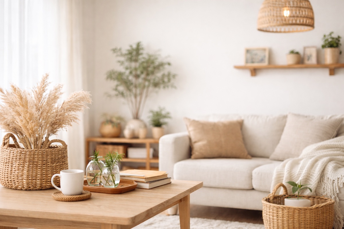 ナチュラルテイストの一人暮らし部屋、木製家具と自然素材で整えた落ち着いたリビング空間