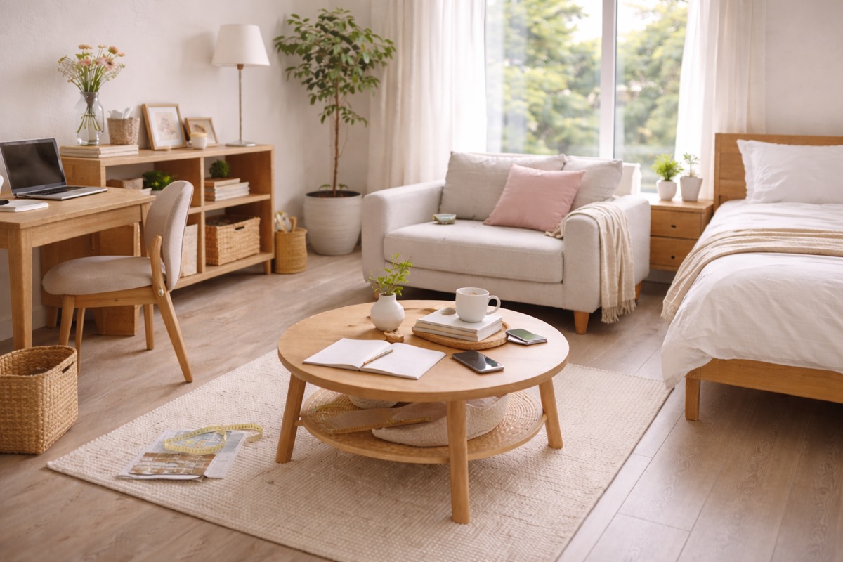 一人暮らしの部屋で家具のサイズ感や配置を見直したくなる、生活感のあるナチュラルな室内空間