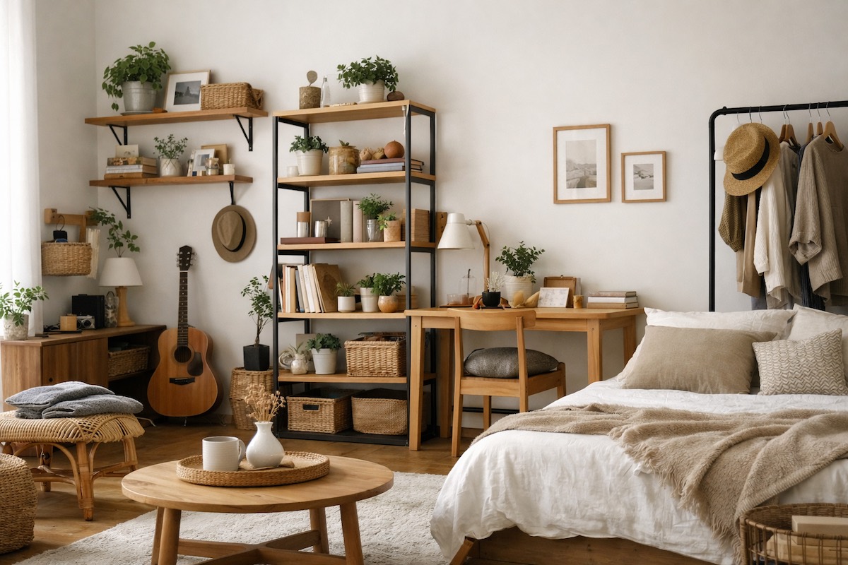 ワンルームで魅せる収納を取り入れたナチュラルな一人暮らしの整った室内インテリア
