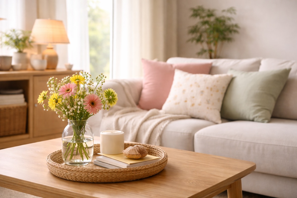 季節を感じる小物をさりげなく取り入れた、やさしい雰囲気のナチュラルなリビング空間