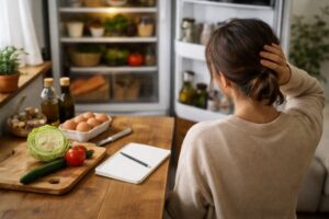一人暮らしのキッチンで献立に迷い自炊が続かず悩む様子
