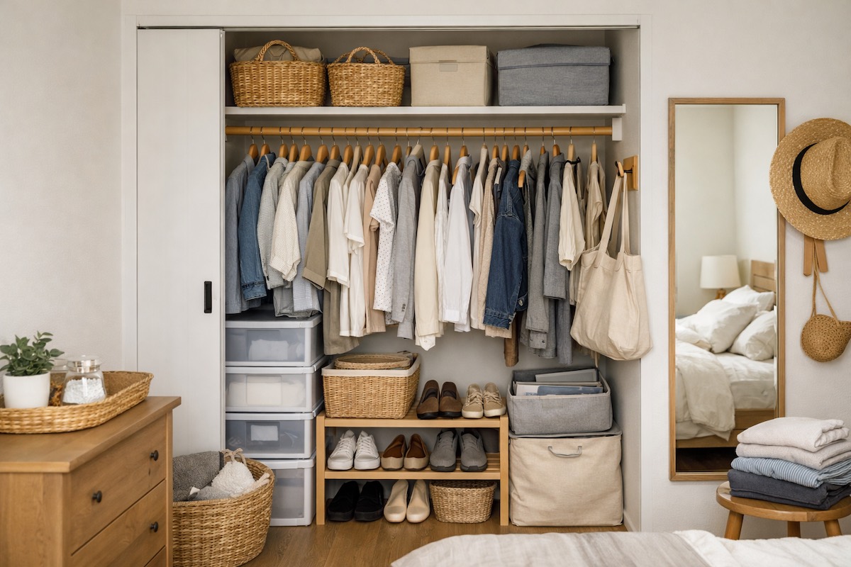小さなクローゼットを効率よく使うために衣類や収納用品を整理したナチュラルな室内収納の様子