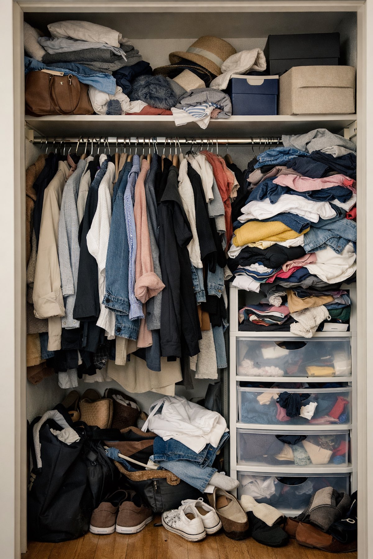 服や収納ケースが詰め込まれた小さなクローゼットの中の様子