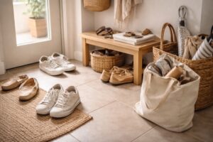 狭い玄関で物が集まりやすく、ごちゃついて見えやすい日常の玄関スペースの一角