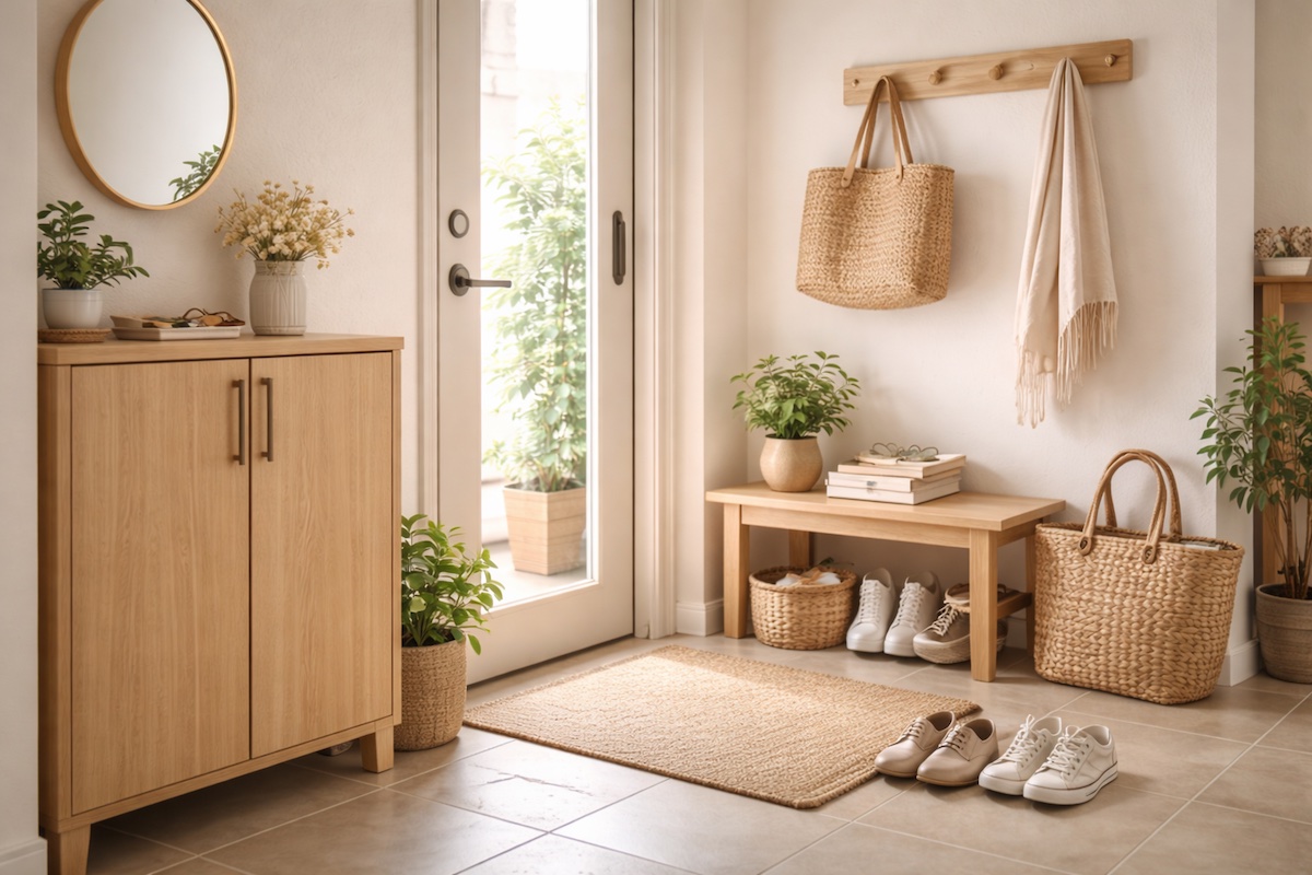 狭い玄関でも使いやすく整えた、靴と収納がすっきりまとまったナチュラルな玄関空間