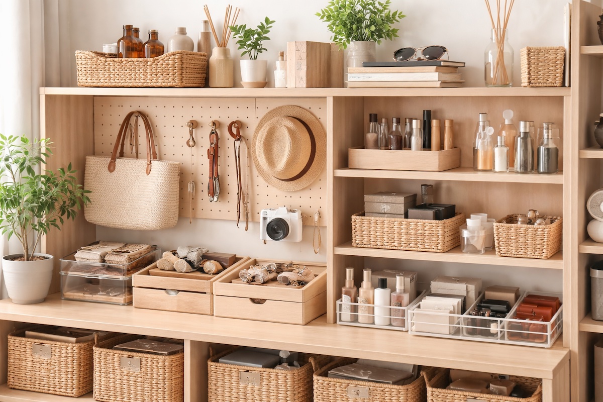 小物をカテゴリ別にまとめ、かごやトレーで整えたナチュラルな室内収納の様子