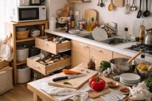 調理中に物があふれ作業スペースが狭く感じる一人暮らしキッチンの様子