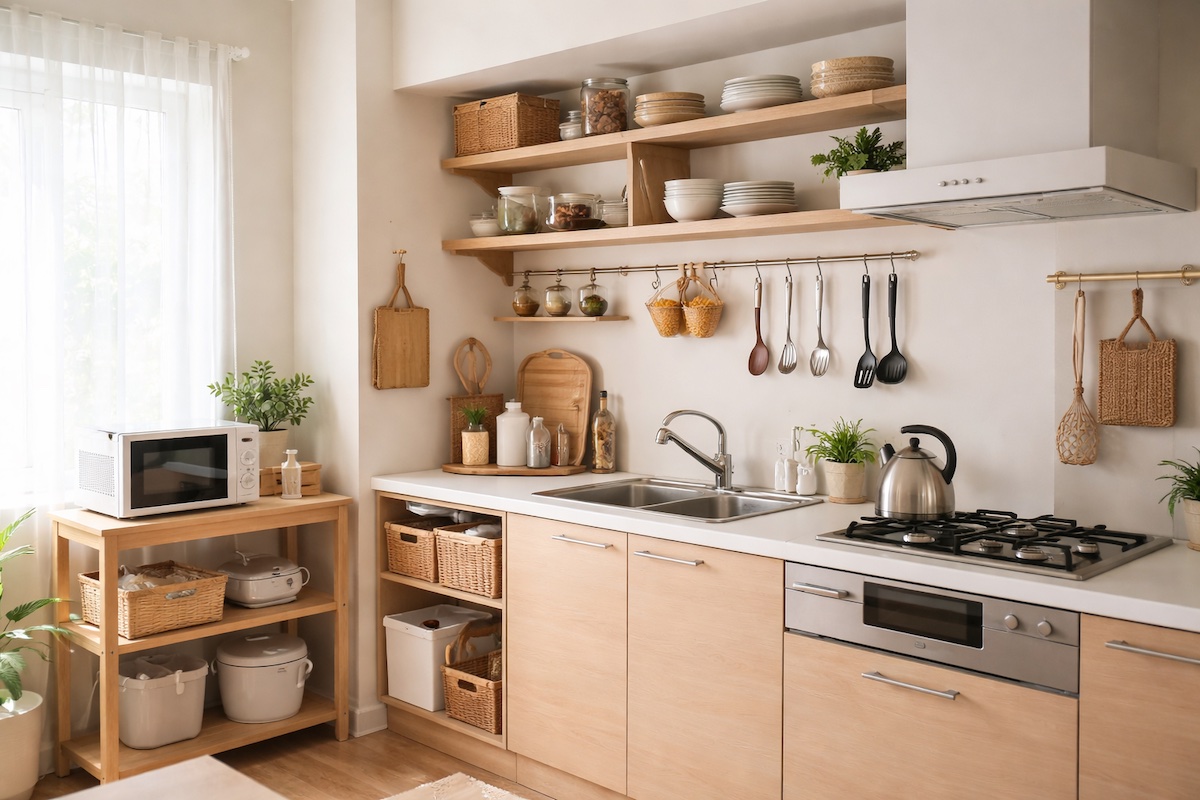 一人暮らしの狭いキッチンをナチュラルな収納で使いやすく整えた室内イメージ