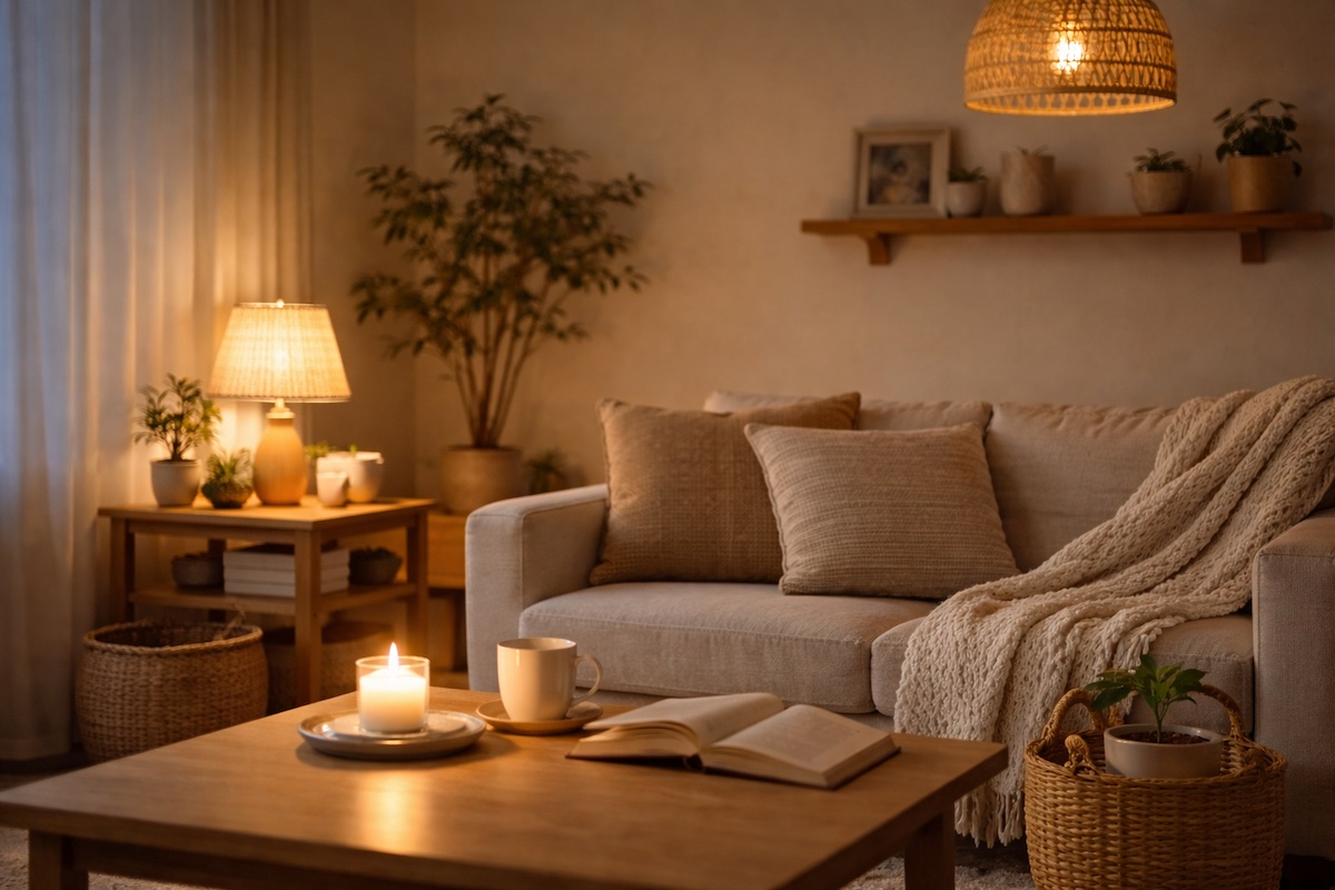 ひとり時間を心地よく過ごすための、やわらかな照明に包まれた夜のナチュラルリビング空間