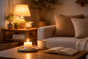 ひとり時間の心の落ち着きに影響する、やわらかな照明が灯るリビングの一角