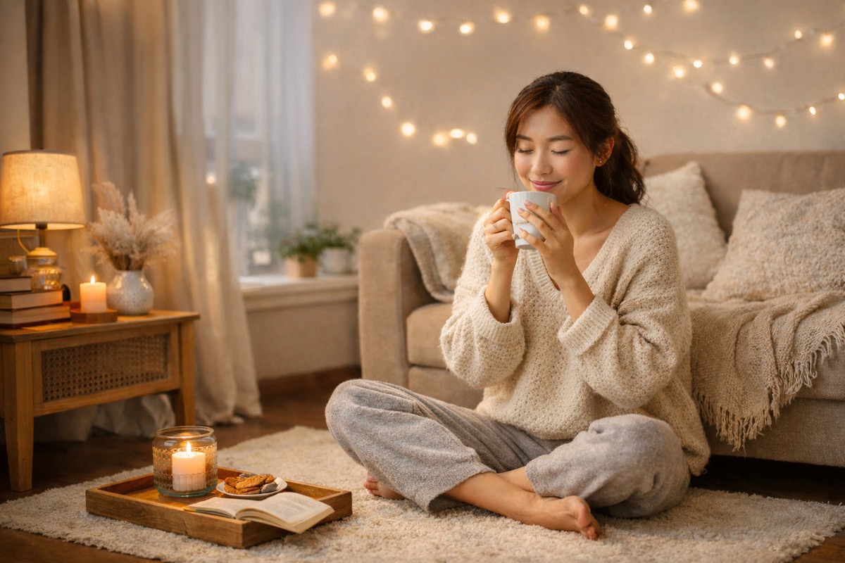 一人暮らしの女性が、やさしい照明とナチュラルなインテリアに囲まれた部屋で、マグカップを手にリラックスして過ごしている心が落ち着く室内空間