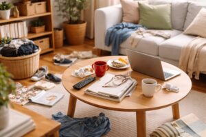 物が出しっぱなしになったリビングの様子｜片付けてもすぐ散らかってしまう原因をイメージした生活空間