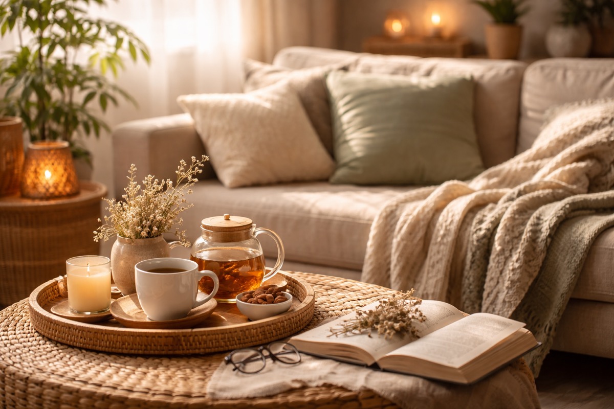 自然光が差し込むリビングでお茶と読書を楽しむ、心地よい家時間の暮らし風景