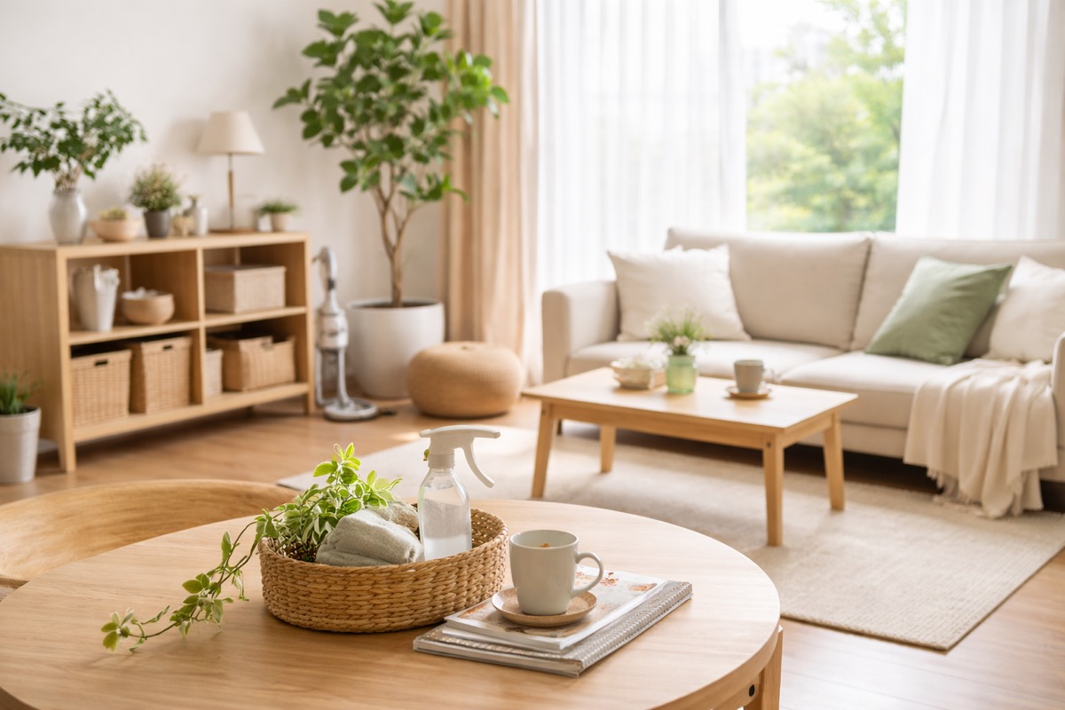掃除がしやすく無理なく片付く、明るく整ったナチュラルテイストのリビング空間