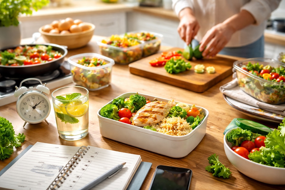 時短料理を無理なく続けるために食材を下ごしらえし整ったキッチンで調理する様子