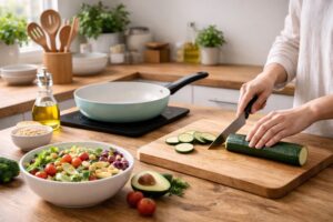 手に取りやすいキッチングッズで野菜を下ごしらえし、無理なく自炊を続けられる調理風景