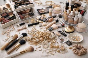 メイク道具やアクセサリーが散らかりやすい状態を表した整理前のデスクまわりのイメージ