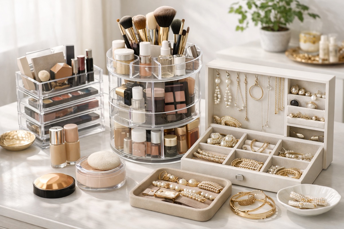使いやすく整えられたメイク道具とアクセサリーを収納したナチュラルなドレッサーの整理イメージ