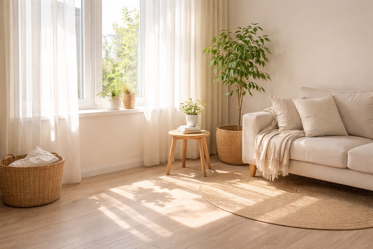 朝の自然光が差し込む窓辺と観葉植物のある、モノを増やさないやさしい暮らしを感じるナチュラルなリビング空間