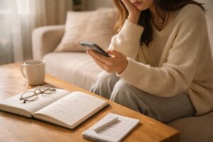 予定のない休日に何をすればいいか分からず落ち着かない気持ちでスマホを見つめる一人暮らしの女性