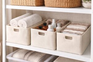 同じ形の収納ボックスを用途を変えて使い回している一人暮らしの棚収納の様子