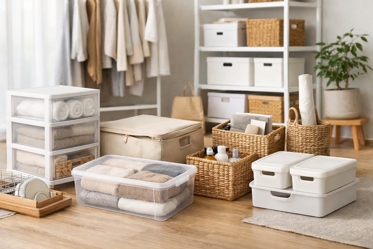 何度でも使える収納グッズを種類別にまとめた一人暮らし向けの整った収納スペース