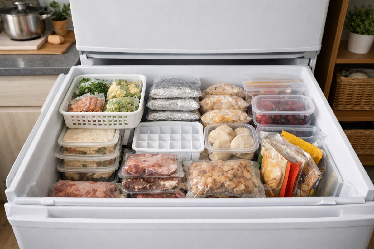 一人暮らしの冷凍庫をシンプルに整理し、食品を見やすく収納している様子