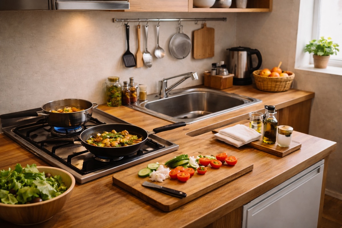 一人暮らしのキッチンで作業しやすく整えられたコンパクトで快適な調理スペース