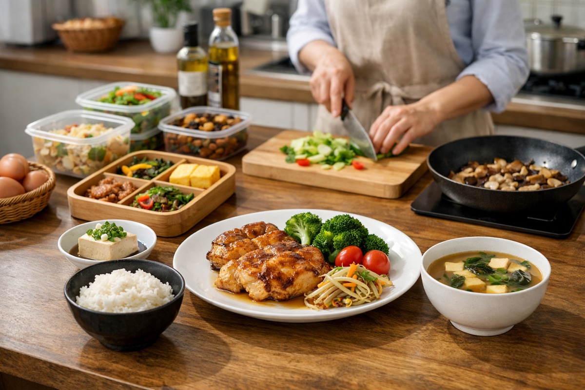 ひとり分の食事を効率よく準備するために、作り置きおかずとごはんを並べて調理している一人暮らしのキッチン風景