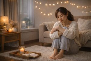 一人暮らしの女性が、静かな夜のリビングで床に座り、やさしい照明に包まれながら落ち着かない気持ちと向き合っている室内の様子