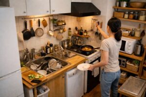 一人暮らしの小さなキッチンで調理と片付けを同時に行い動きづらさを感じる様子