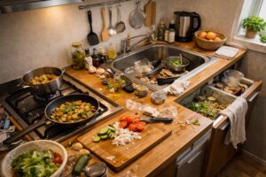 作業スペースが狭く物が重なり合って使いにくさを感じやすい一人暮らしのキッチン