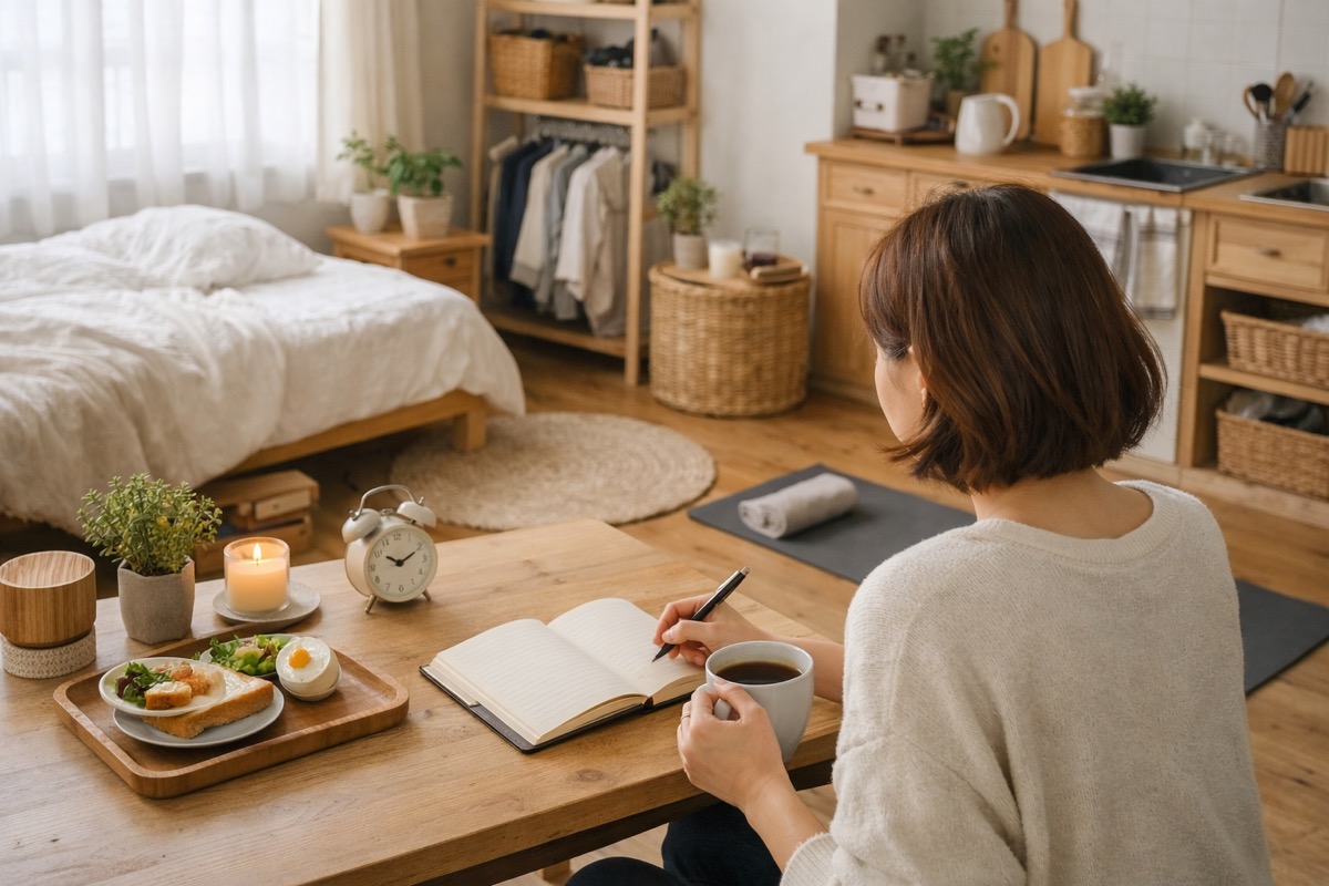 一人暮らしの部屋で朝のルーティンを整えながら手帳を書く女性の後ろ姿と整った暮らしの空間