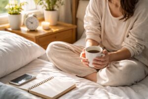 一人暮らしの朝、落ち着いた空間で自分のペースを整える朝ルーティンのイメージ