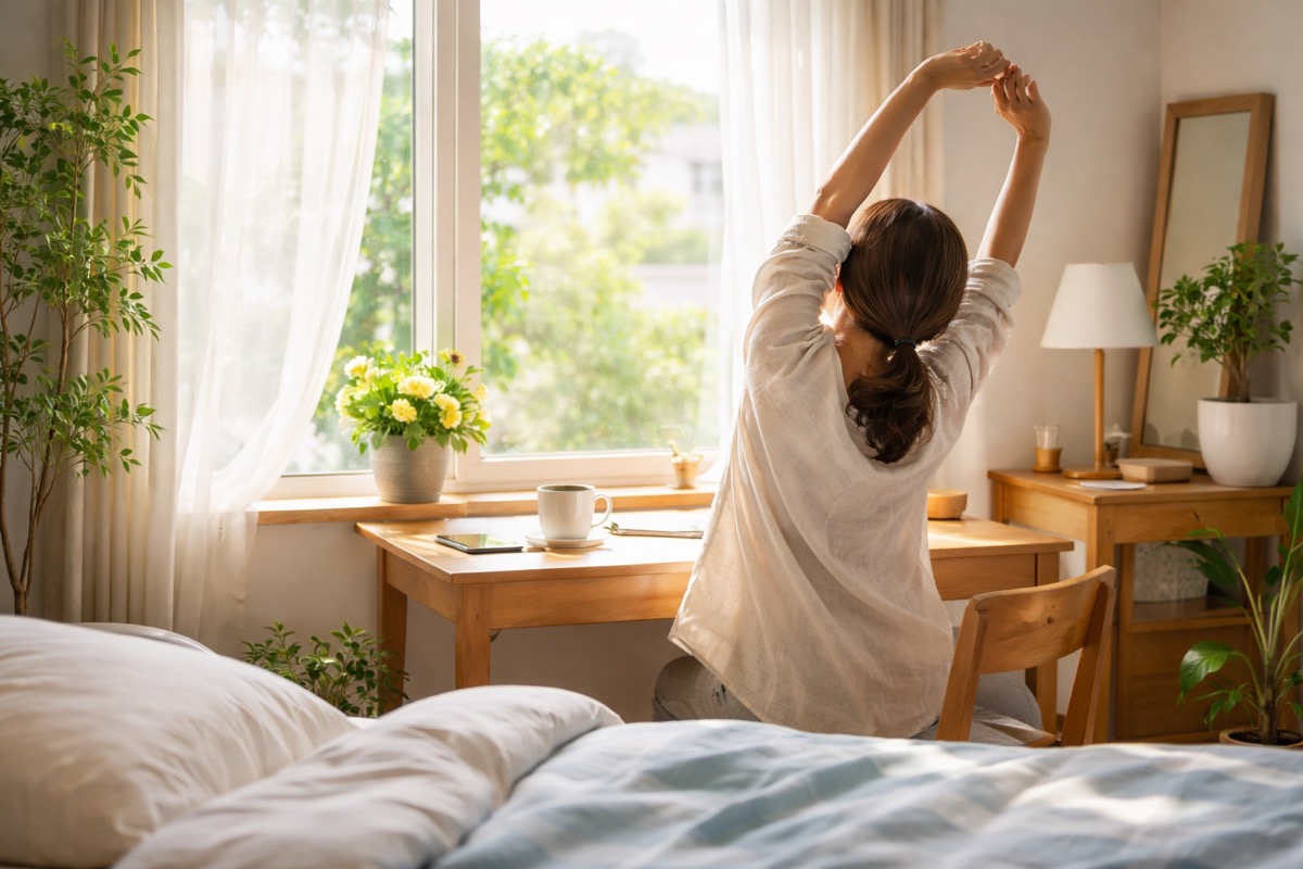一人暮らしの朝、自然光が入る部屋で気持ちよく1日を始める朝ルーティンのイメージ